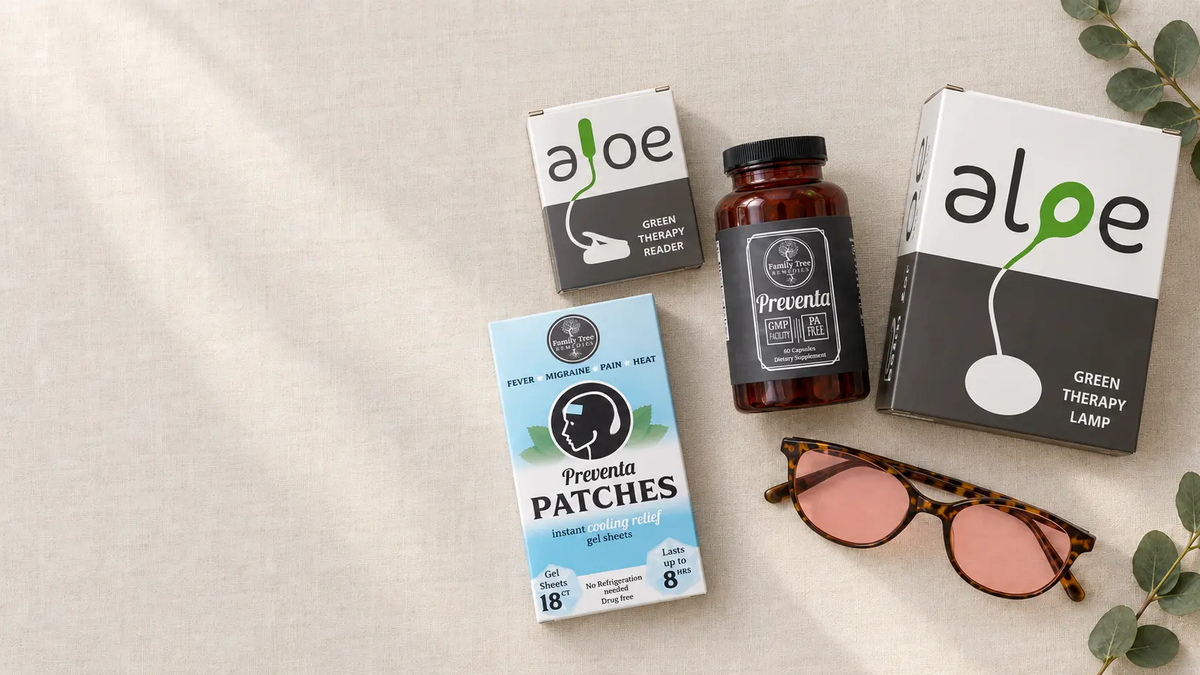 Preventa, Eclipse Aura glasses, Aloe green lights, and Preventa Patches on linen